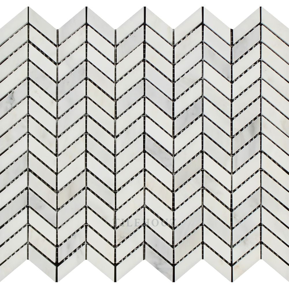 Marble Asian Statuary mini chevron mosaic tile by Tilehouz, polished & honed white chevron wall tile