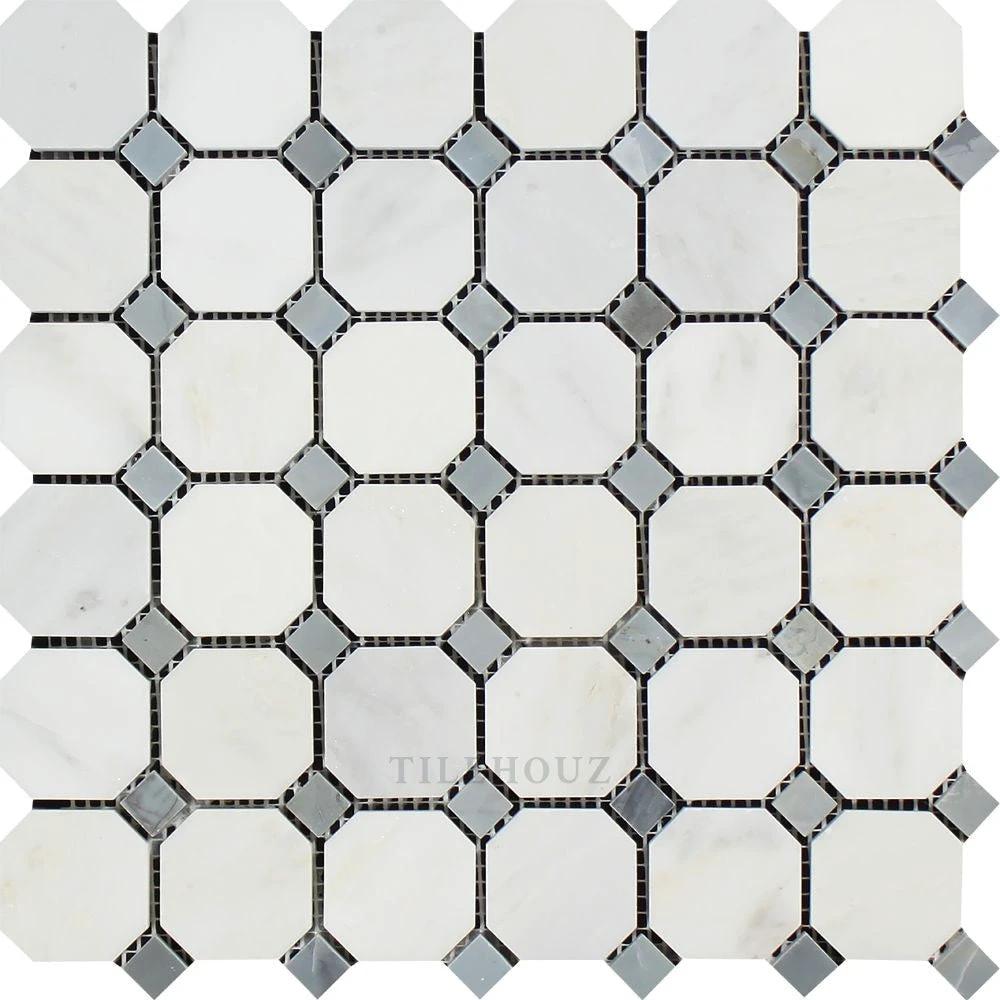 Asian Statuary Marble Octagon Mosaic Tile by Tilehouz with Bardiglio gray dots; wall & ceiling tile