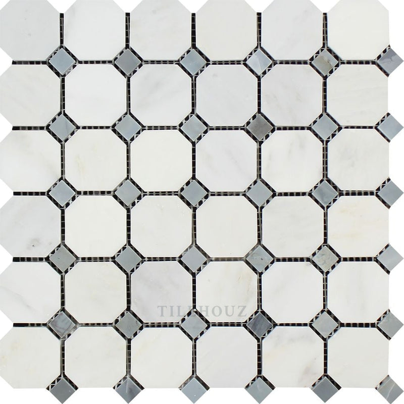 Asian Statuary Honed/polished Octagon Mosaic Tile W/ Bardiglio/blue-Gray Dots Tiles