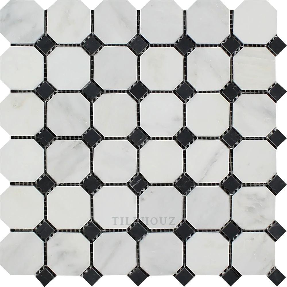 Tilehouz Asian Statuary marble octagon mosaic tile with black dot accents, polished and honed