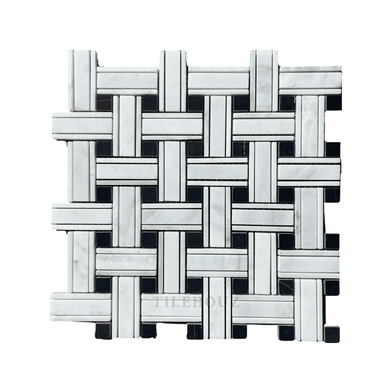 Asian Statuary White Honed/Polished Tripleweave Mosaic Tile (W/ Black) Wall & Ceiling
