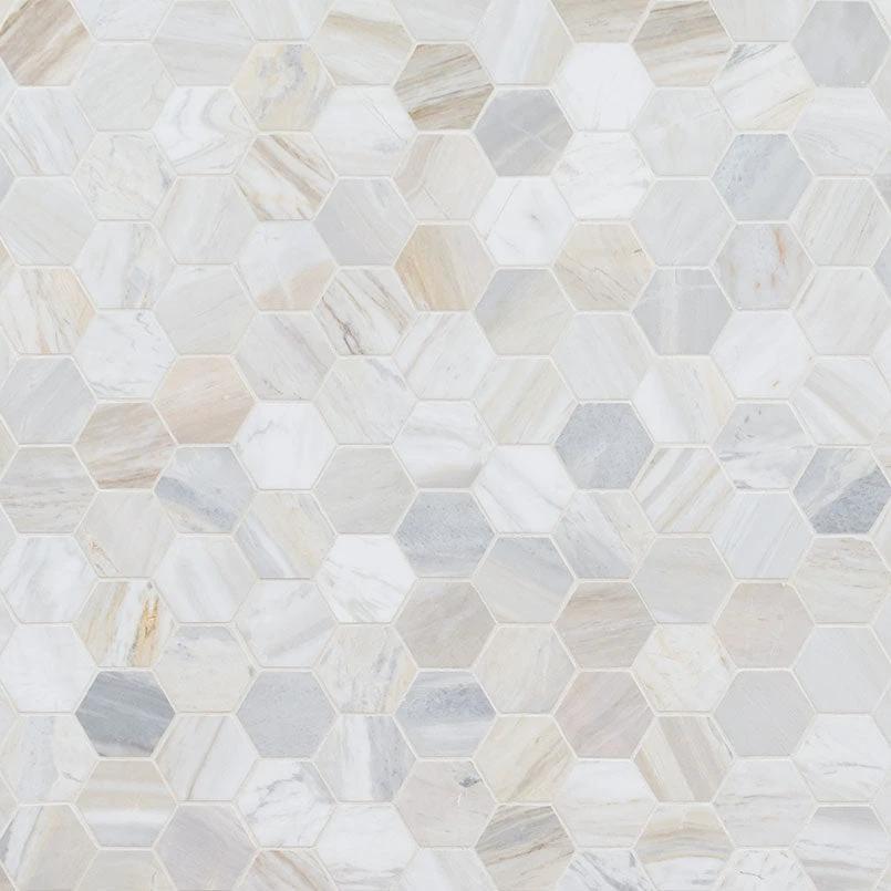 Athena Gold Marble hexagon mosaic tile, 2-in honed, wall & ceiling tile by Tilehouz.