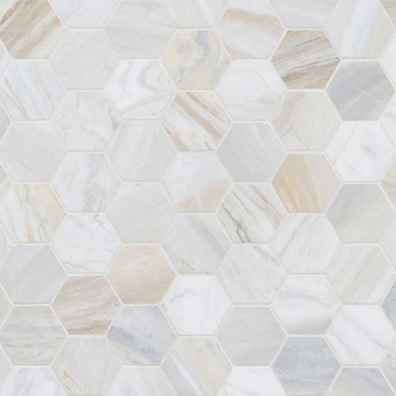 Athena Gold Marble 2-inch hexagon honed mosaic tile for walls and ceilings