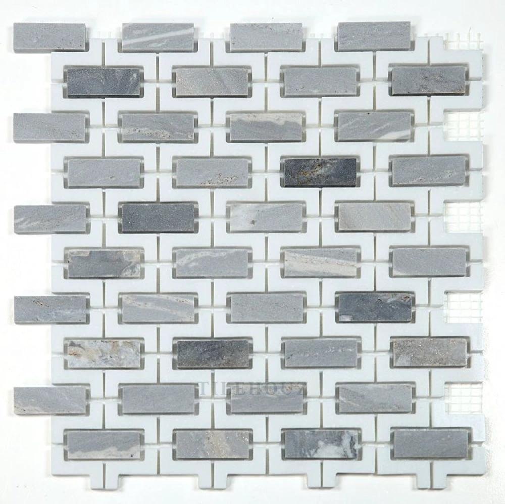 Aztec Blue marble mosaic sheet, 10.25 x 11.25, gray-blue bricks on white mesh