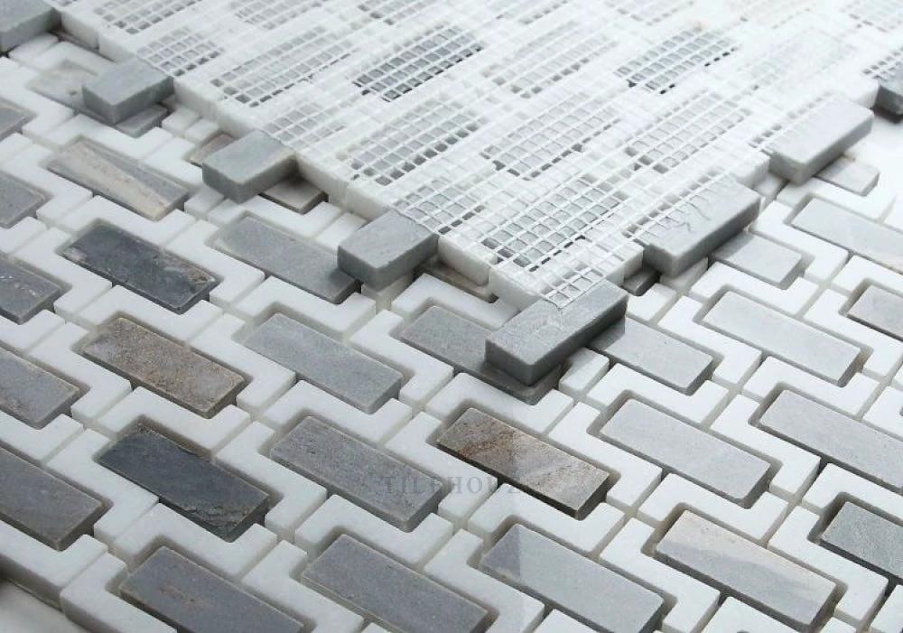 Aztec Blue marble wall tile by Tilehouz, 10.25 x 11.25 with white-gray mosaic pattern