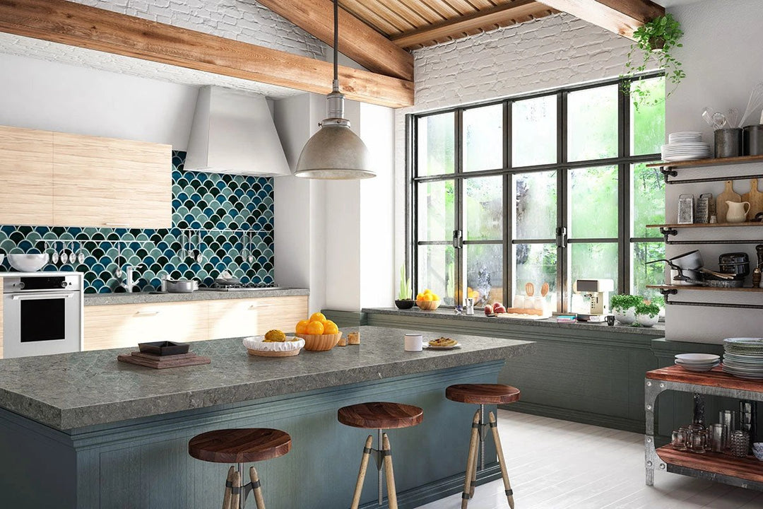 Blue-Green Porcelain Scallop Mosaic tile by Tilehouz for kitchen wall backsplash
