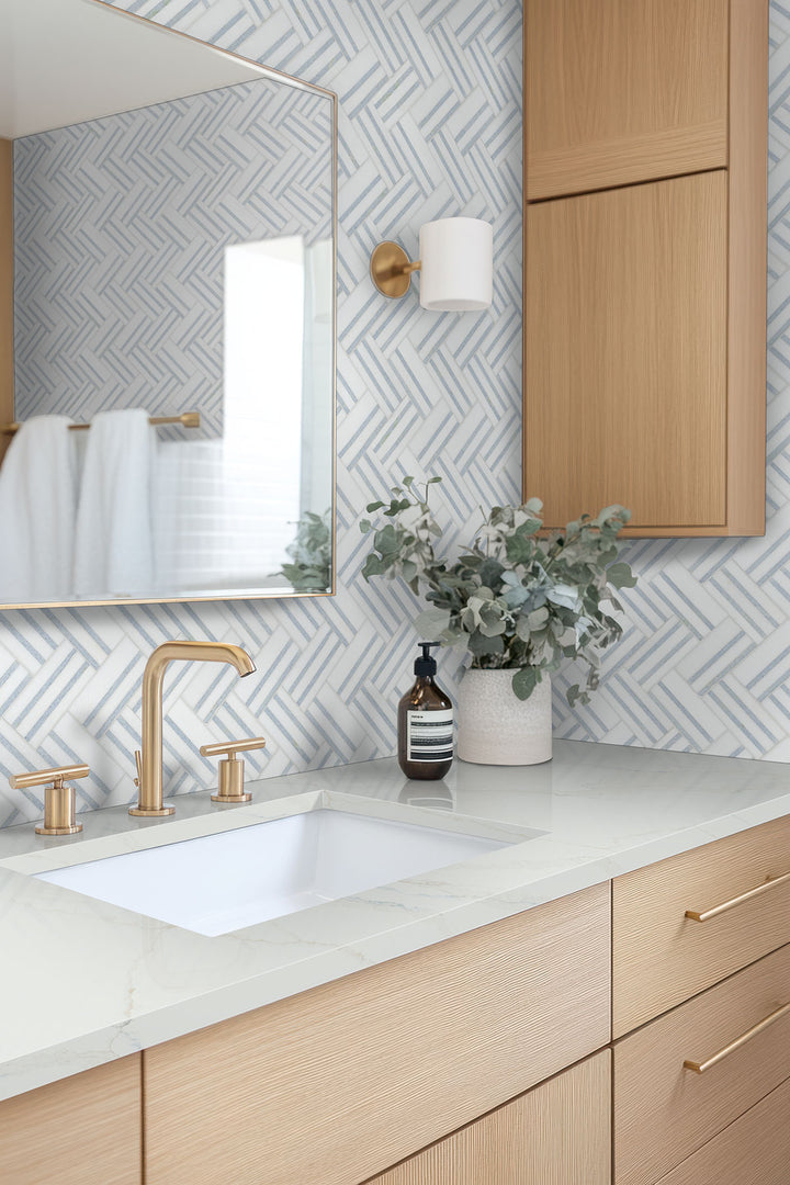 Azula Linea Polished Mosaic marble wall tile sheet in blue-gray geometric pattern for bathroom walls