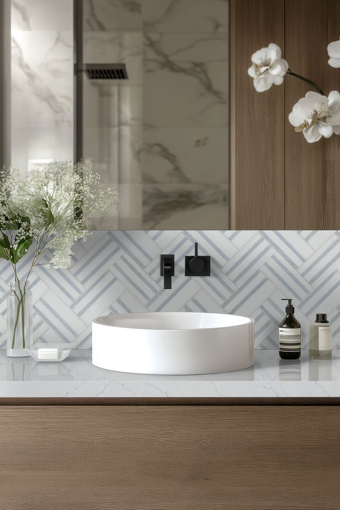 Azula Linea Polished Mosaic marble wall tile by Tilehouz; white/gray herringbone mosaic sheet