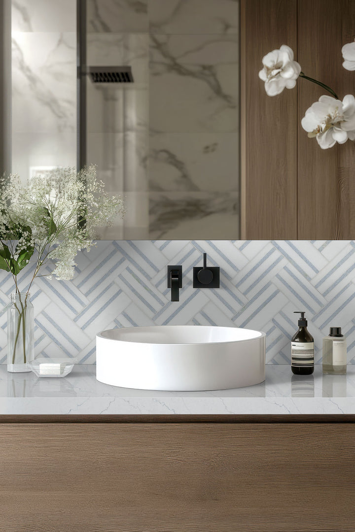 Azula Linea Polished Mosaic marble wall tile by Tilehouz; white/gray herringbone mosaic sheet