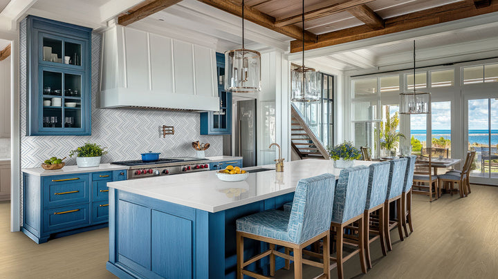 Azula Linea Polished Mosaic marble tile sheet for walls and ceilings; blue kitchen setting shown.