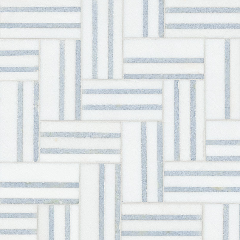 Azula Linea Polished Mosaic marble tile sheet by Tilehouz, white marble with light blue linear stripes.