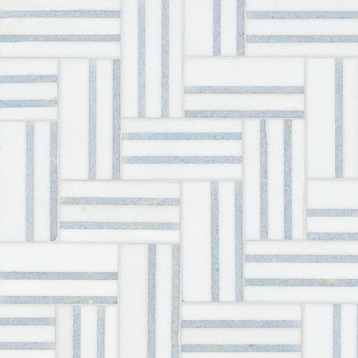 Azula Linea Polished Mosaic marble tile sheet by Tilehouz, white marble with light blue linear stripes.