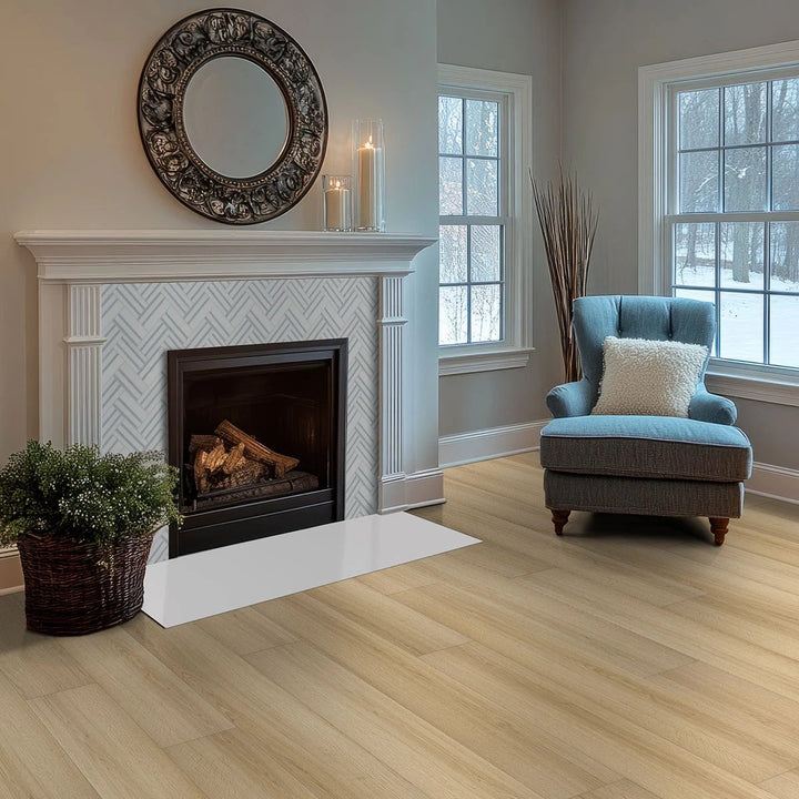 Tilehouz Azula Linea Polished Mosaic marble tile sheet for walls, pale gray chevron pattern on fireplace surround