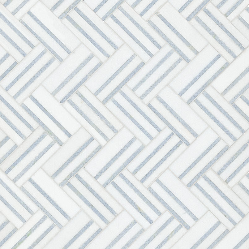 Azula Linea Polished Mosaic marble tile sheet by Tilehouz, white and gray linear woven mosaic pattern