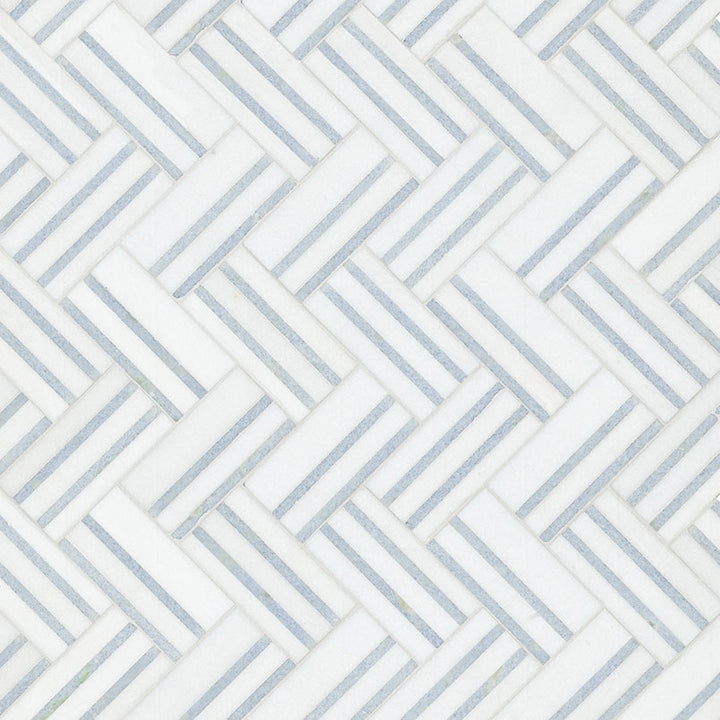 Azula Linea Polished Mosaic marble tile sheet by Tilehouz, white and gray linear woven mosaic pattern