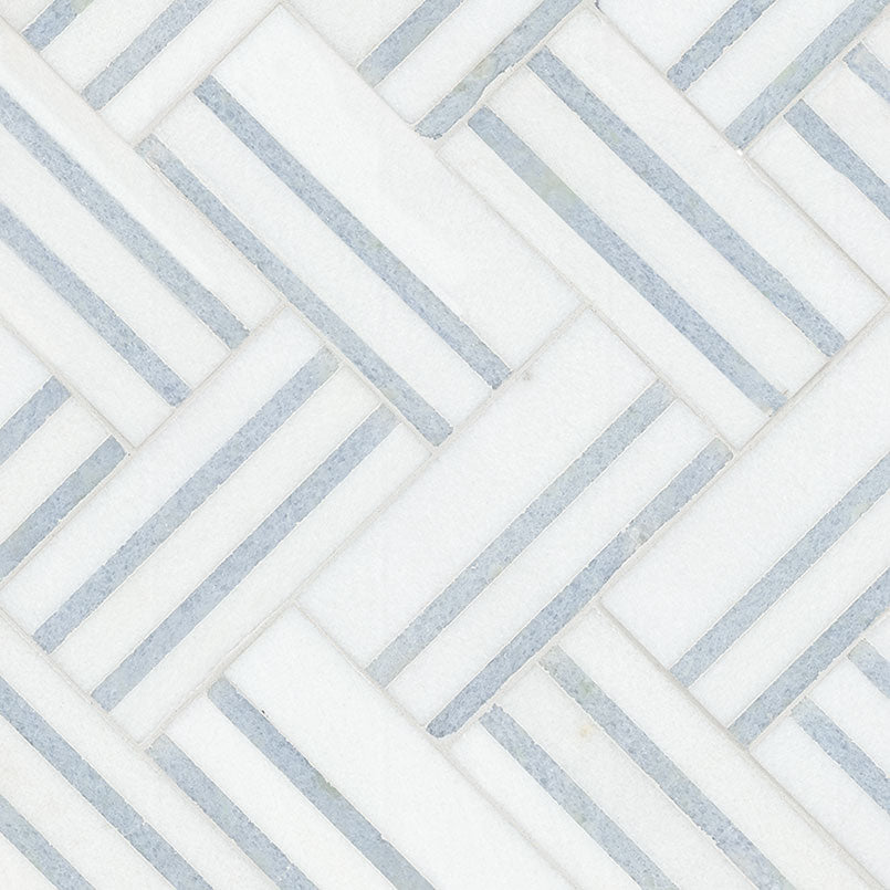 Azula Linea Polished Mosaic Marble wall tile sheet by Tilehouz; white marble with pale gray linear pattern