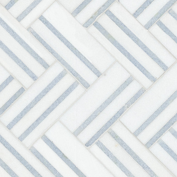 Azula Linea Polished Mosaic Marble wall tile sheet by Tilehouz; white marble with pale gray linear pattern