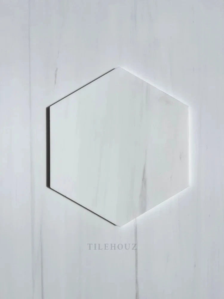 Bianco Dolomite 10-inch hexagon marble tile, white-veined, polished/honed finish, Tilehouz