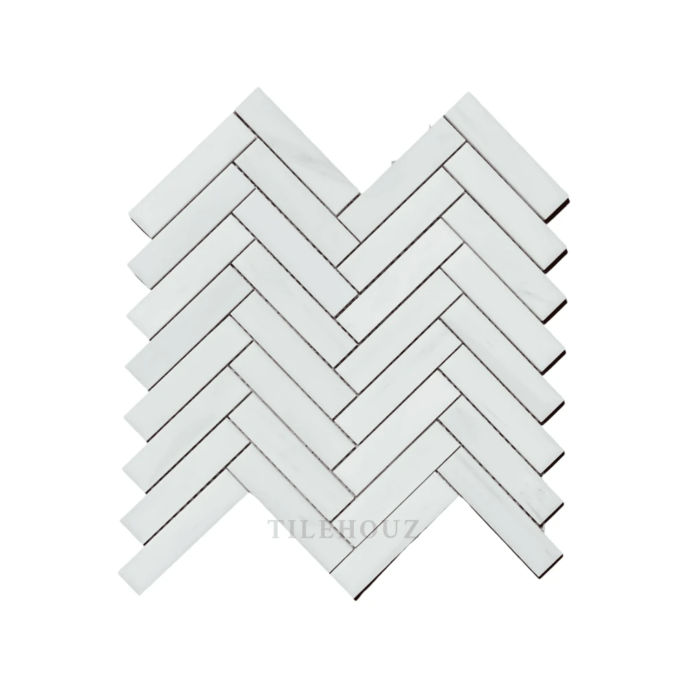 Bianco Dolomite 1x4 herringbone marble mosaic tile, polished/honed finish, Tilehouz