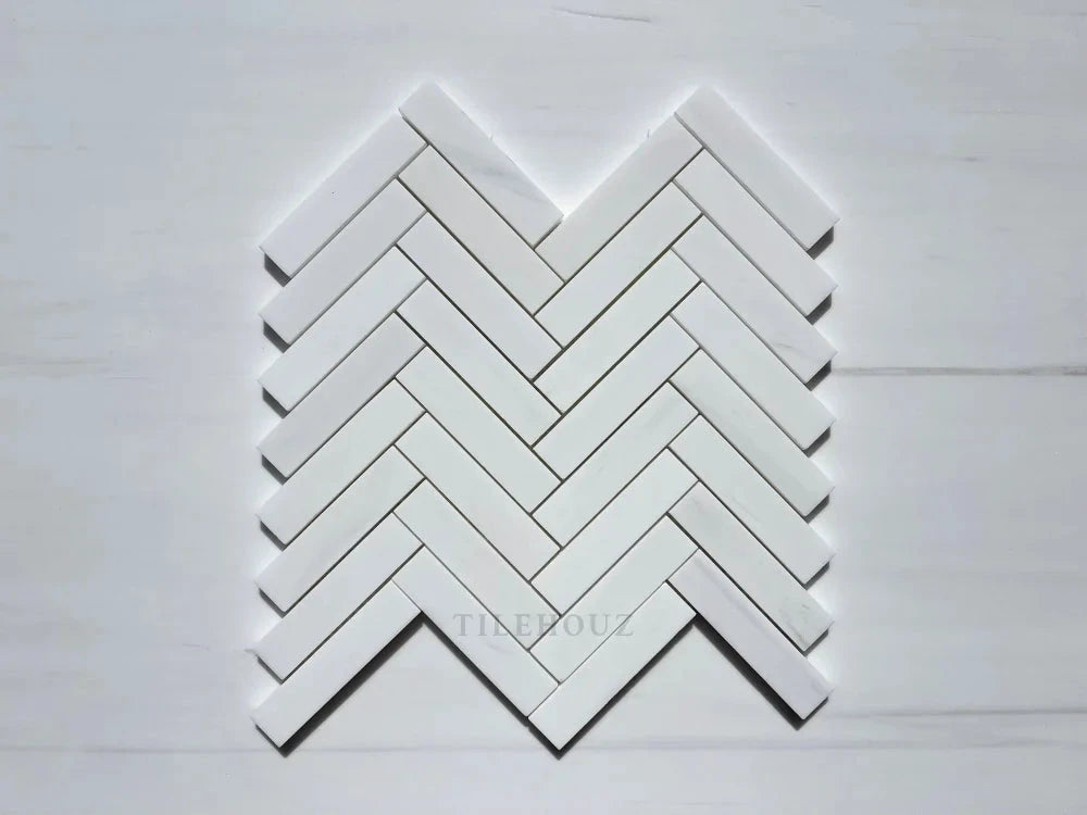 Bianco Dolomite 1x4 Herringbone Marble Mosaic by Tilehouz - white wall/ceiling tiles, polished/honed