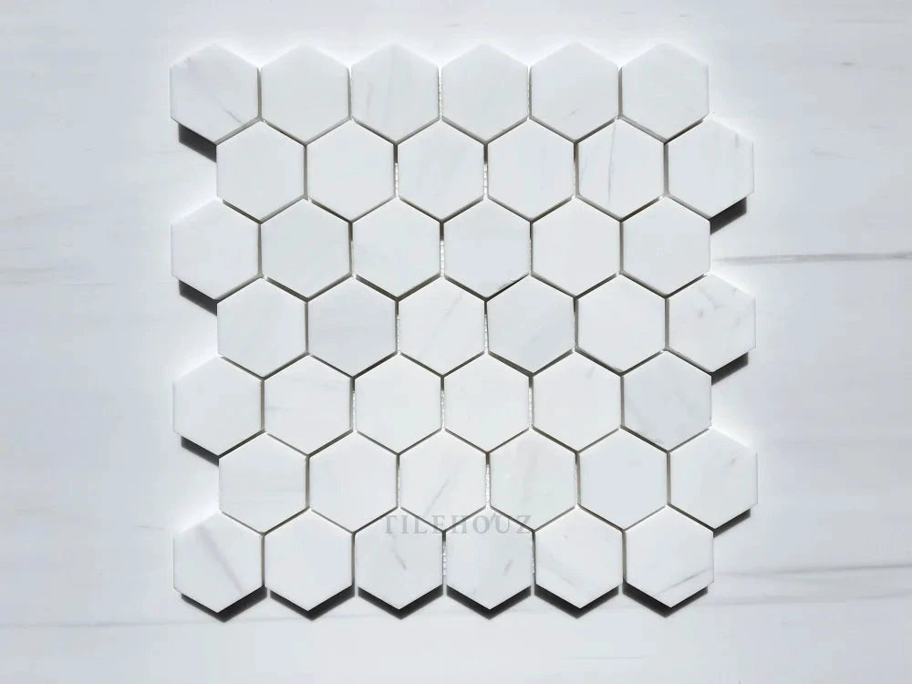 Bianco Dolomite 2-inch hexagon marble mosaic tile, polished/honed, by Tilehouz for wall & ceiling tile