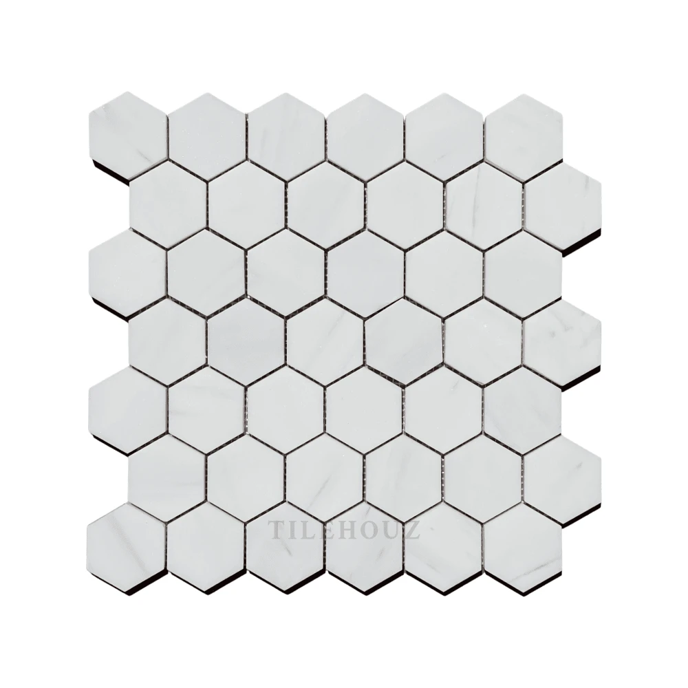 Bianco Dolomite 2-inch hexagon marble mosaic tile by Tilehouz, polished/honed white finish