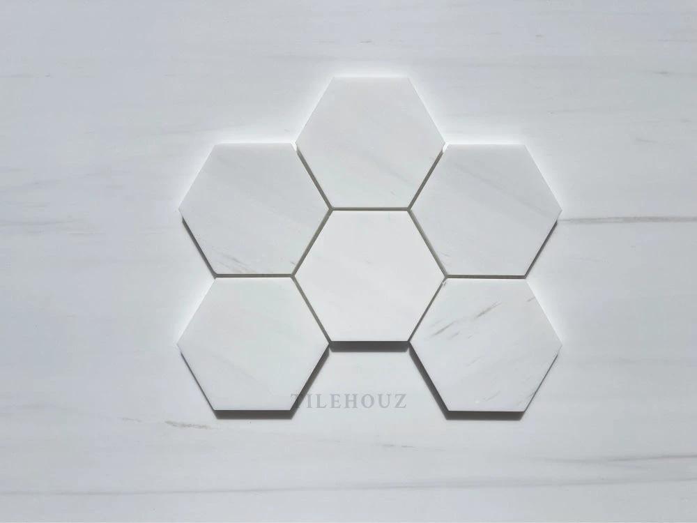 Bianco Dolomite 4-inch hexagon marble mosaic tile set, 7 tiles, polished/honed finish, Tilehouz