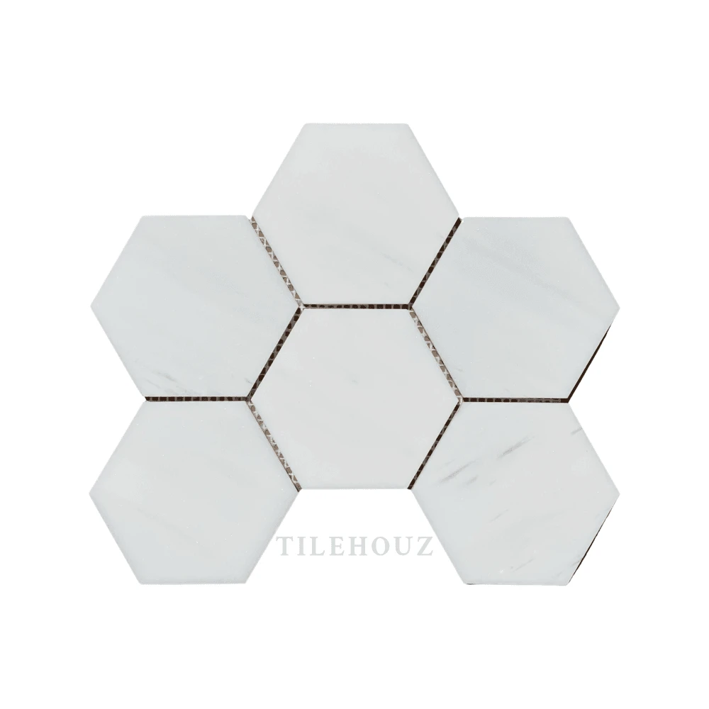 Bianco Dolomite 4-inch hexagon marble mosaic tiles, white with gray veining, polished finish, set of seven, Tilehouz