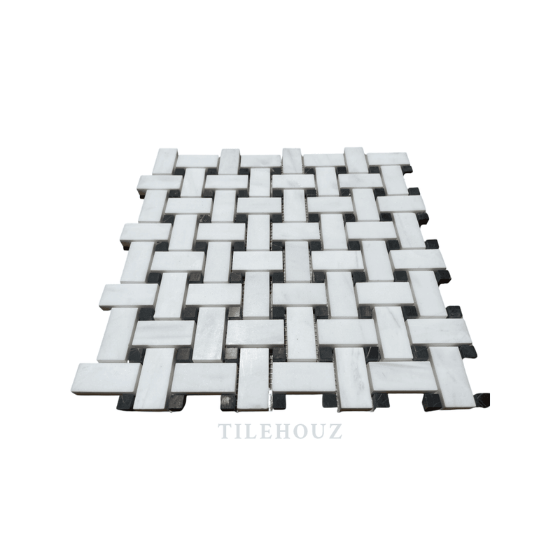 White Dolomite (Bianco Dolomiti) Basketweave Mosaic W/black Dots Polished/honed