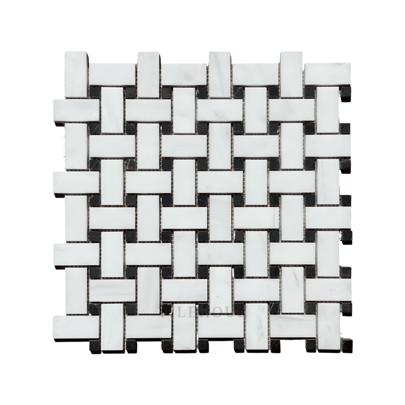 White Dolomite (Bianco Dolomiti) Basketweave Mosaic W/black Dots Polished/honed