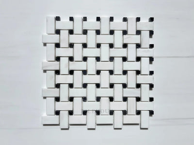 Bianco Dolomite Basketweave Mosaic W/Black Dots Polished/Honed (Premium) Marble