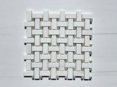 Bianco Dolomite Basketweave Mosaic W/Blue-Gray Dots Polished/Honed (Premium) Marble