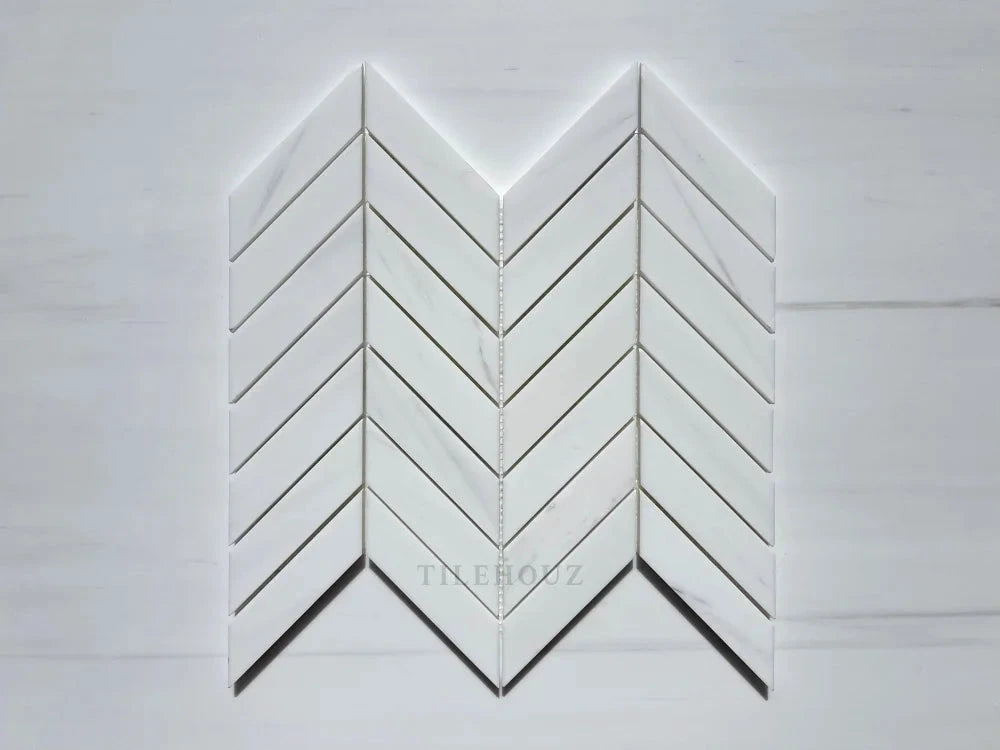 Tilehouz Bianco Dolomite large chevron mosaic marble tile, white with gray veining, polished/honed
