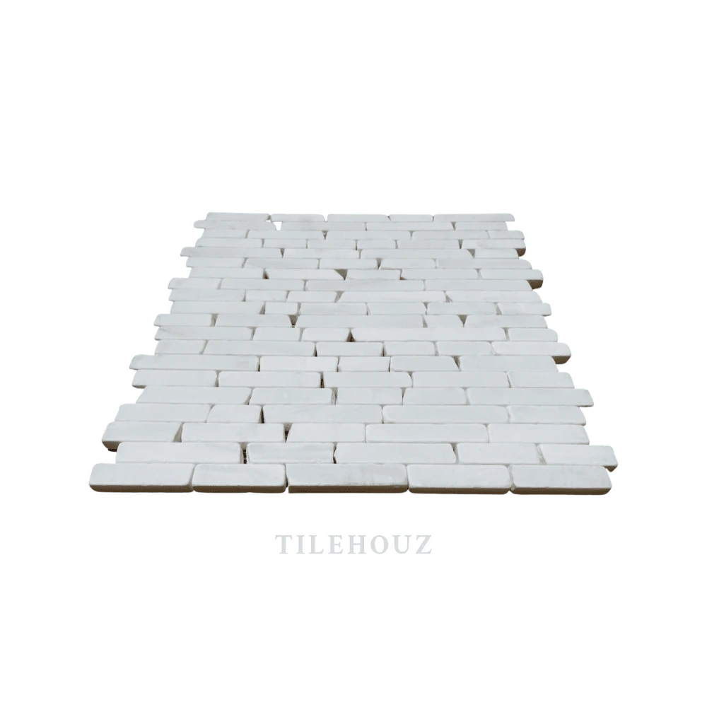 Tilehouz Bianco Dolomite Manhattan random strip tumbled marble mosaic tile for wall and ceiling