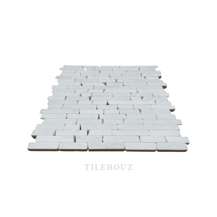 Tilehouz Bianco Dolomite Manhattan random strip tumbled marble mosaic tile for wall and ceiling