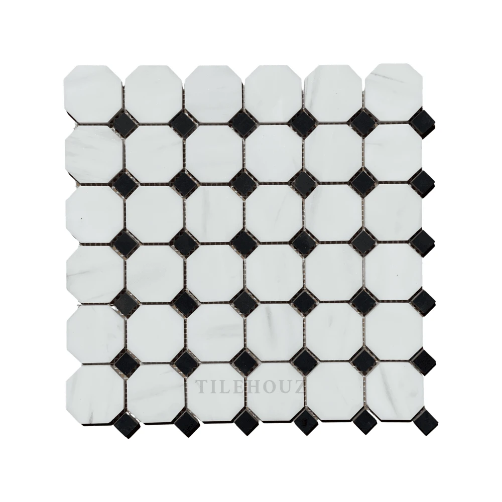 Bianco Dolomite octagon mosaic marble tile with black dot accents, polished/honed, Tilehouz