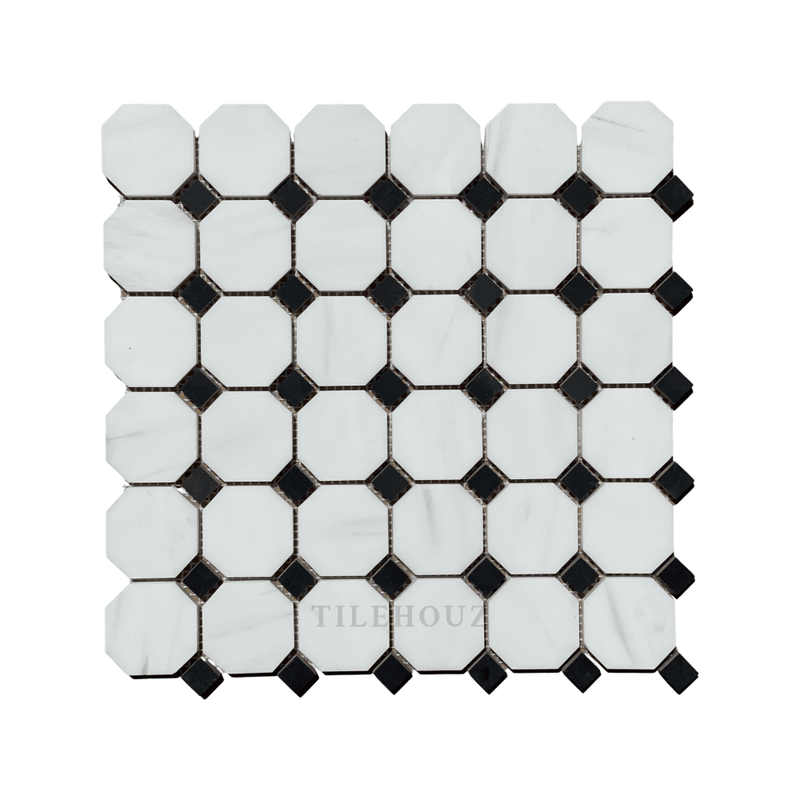White Dolomite (Bianco Dolomiti) Octagon Mosaic W/black Dots Polished/honed