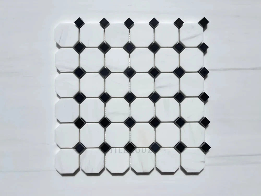 Bianco Dolomite Octagon Mosaic with Black Dots Marble tile sheet by Tilehouz