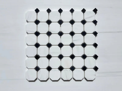 Bianco Dolomite Octagon Mosaic W/Black Dots Polished/Honed (Premium) Marble