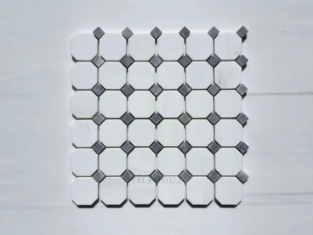 Tilehouz Bianco Dolomite octagon mosaic marble tile sheet with blue-gray dot accents, polished/honed