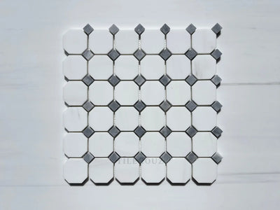 Bianco Dolomite Octagon Mosaic W/Blue-Gray Dots Polished/Honed (Premium) Marble