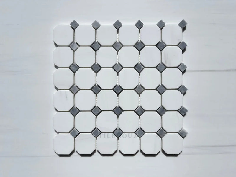 Bianco Dolomite Octagon Mosaic W/Blue-Gray Dots Polished/Honed (Premium) Marble