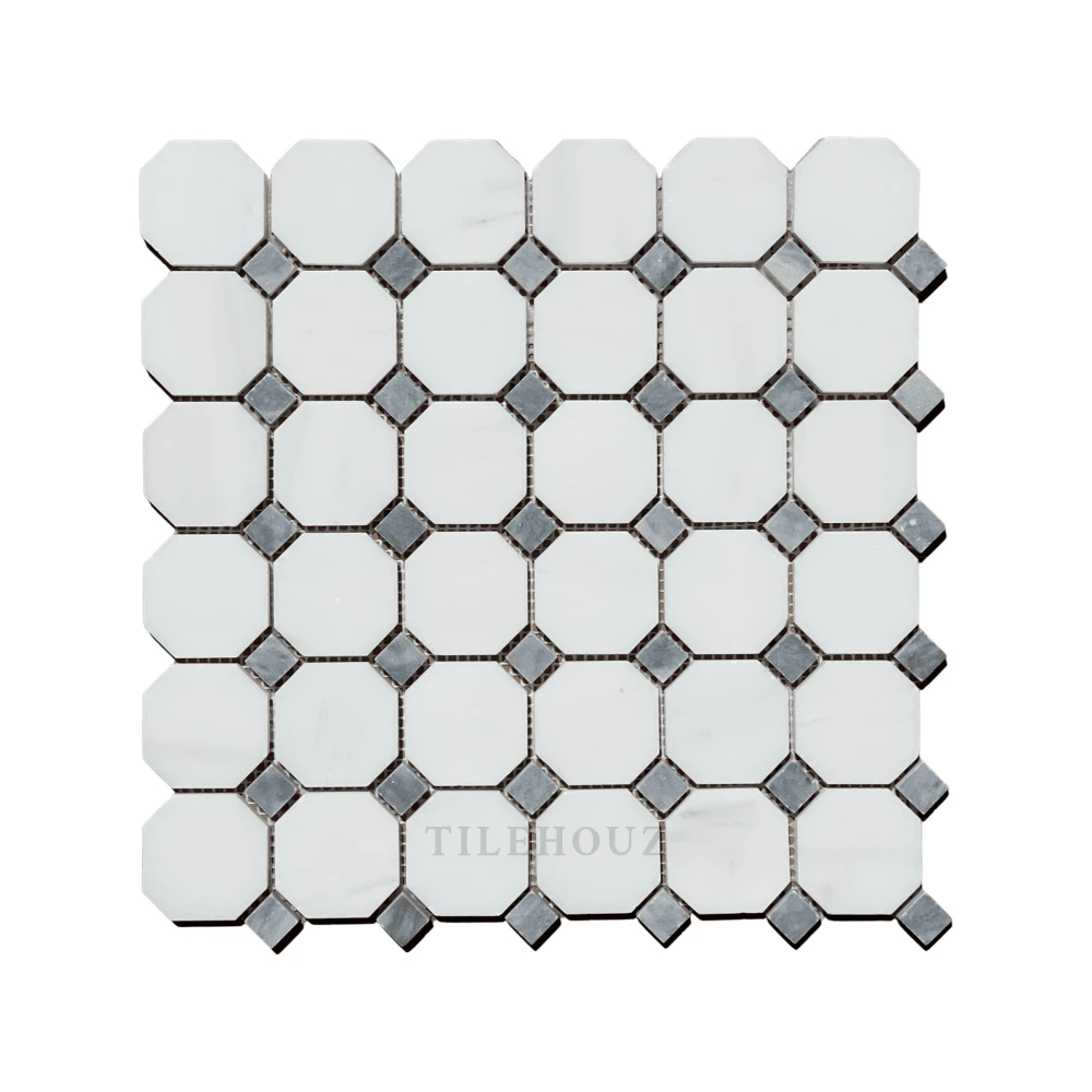 Bianco Dolomite Octagon Mosaic with Blue-Gray Dots marble wall tile by Tilehouz, polished/honed