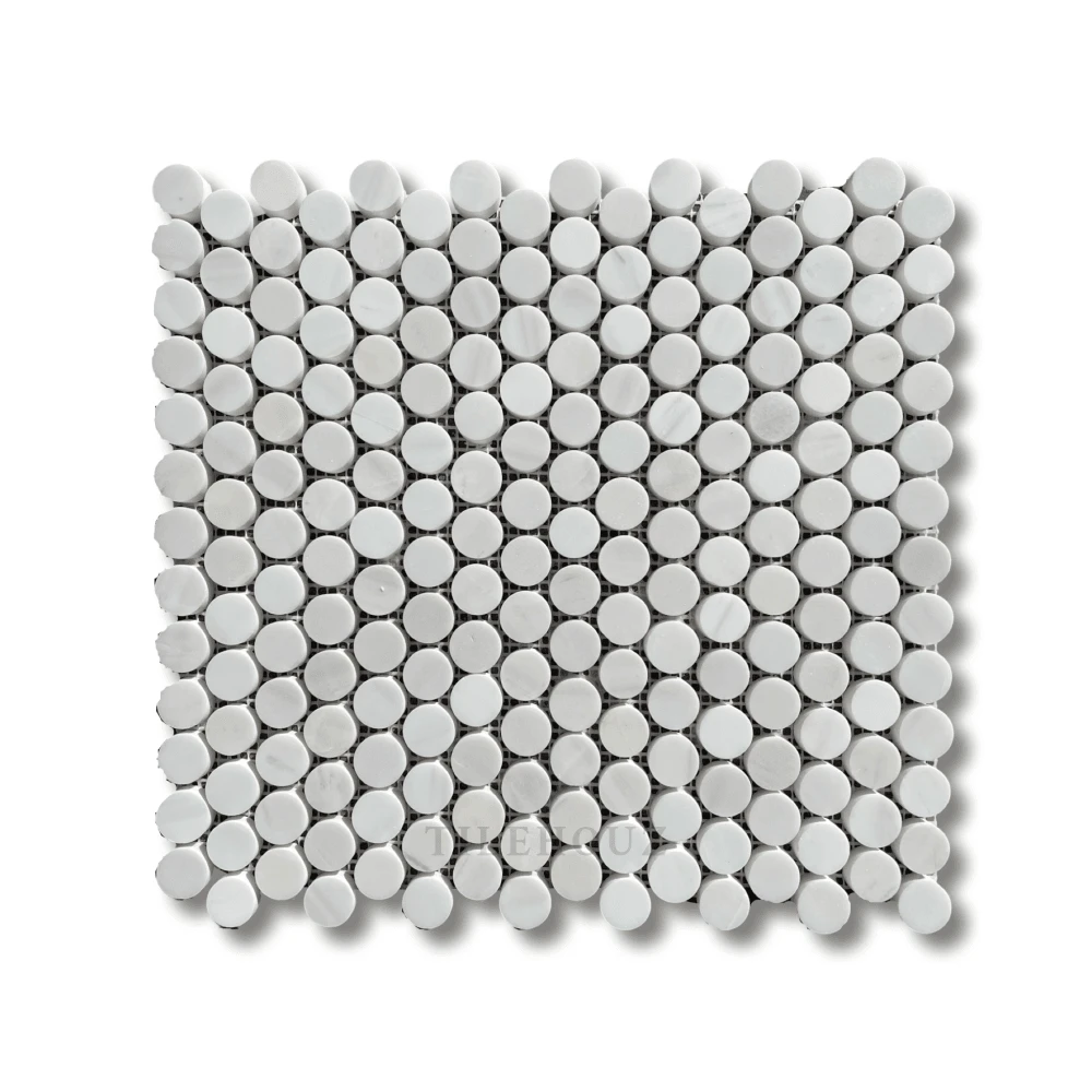 Tilehouz Bianco Dolomite penny mosaic, honed white marble penny tiles for wall & ceiling