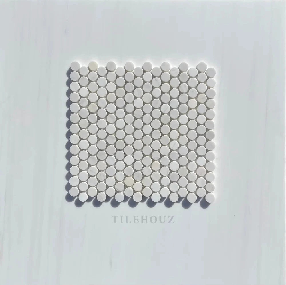 Bianco Dolomite penny mosaic marble tile sheet by Tilehouz, honed finish for stylish wall & ceiling tile installations