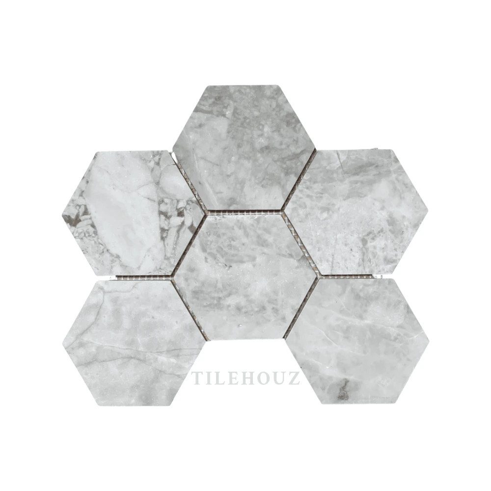 Bianco Gris Dolomite 4-inch Hexagon Leathered Mosaic, 7-hex tile layout, icy white marble with gray veining, Tilehouz