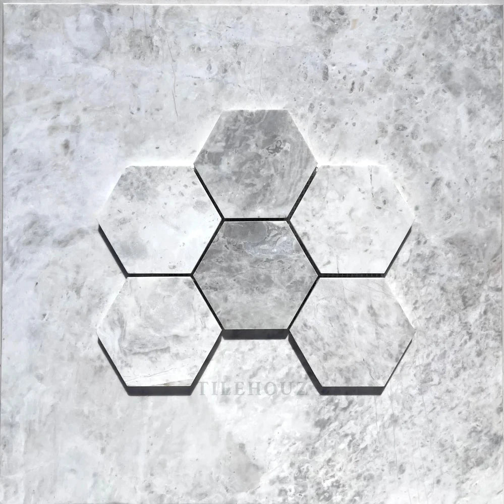 Bianco Gris Dolomite 4-inch hexagon leathered mosaic marble wall tile set of seven by Tilehouz