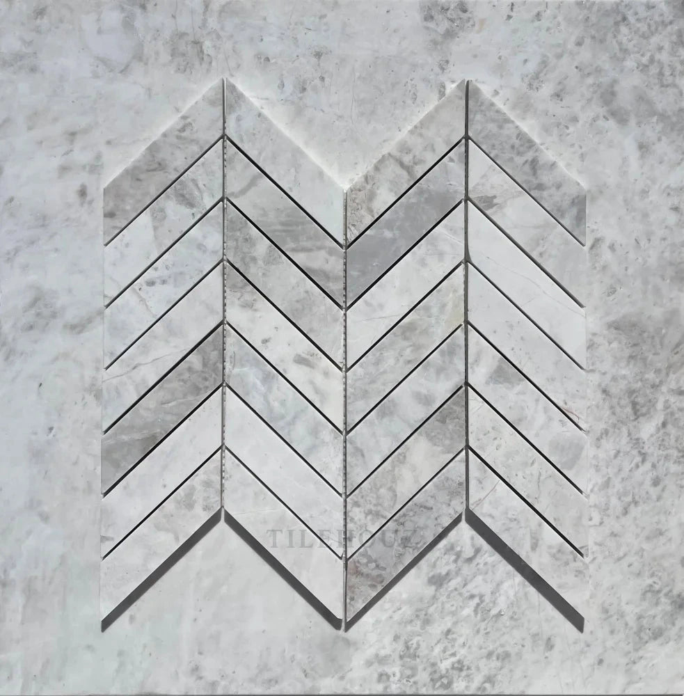 Bianco Gris Dolomite Leathered 1x4 Chevron icy-white marble mosaic wall tile