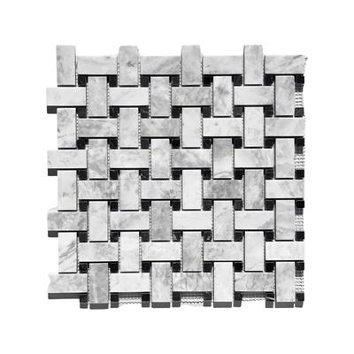 Bianco Grigio Dolomite Leathered Basketweave Mosaic W/black Dots