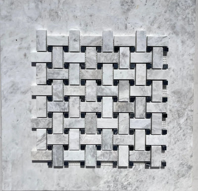 Bianco Gris Dolomite Leathered Basketweave Mosaic W/Black Dots Marble